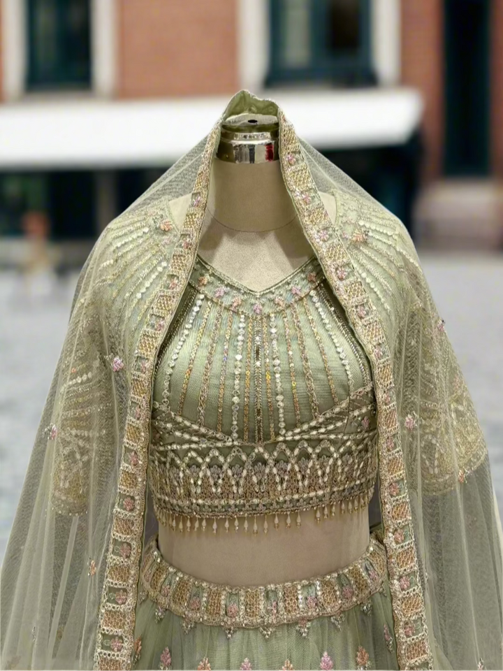 Sage Green Embroidered Net Readymade Lehenga