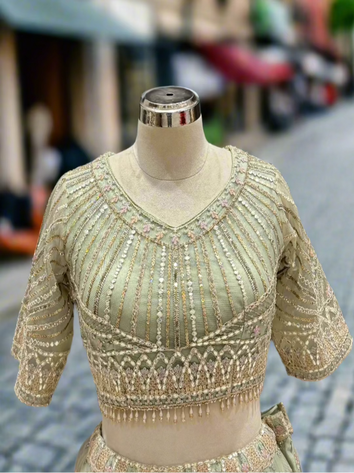 Sage Green Embroidered Net Readymade Lehenga