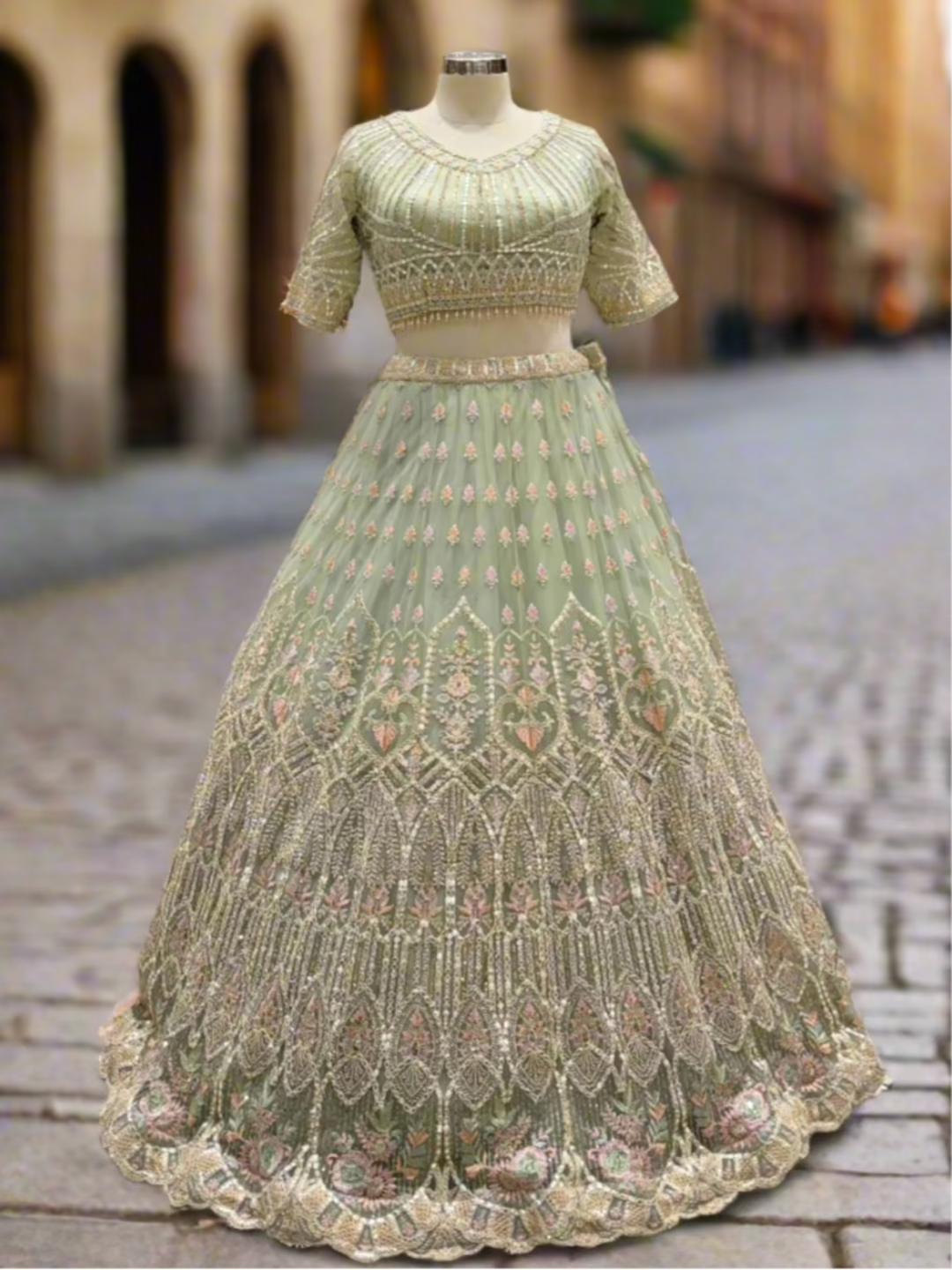 Sage Green Embroidered Net Readymade Lehenga