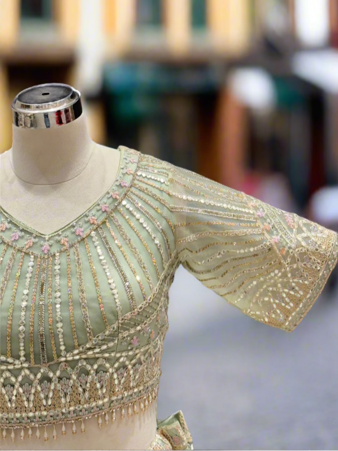 Sage Green Embroidered Net Readymade Lehenga