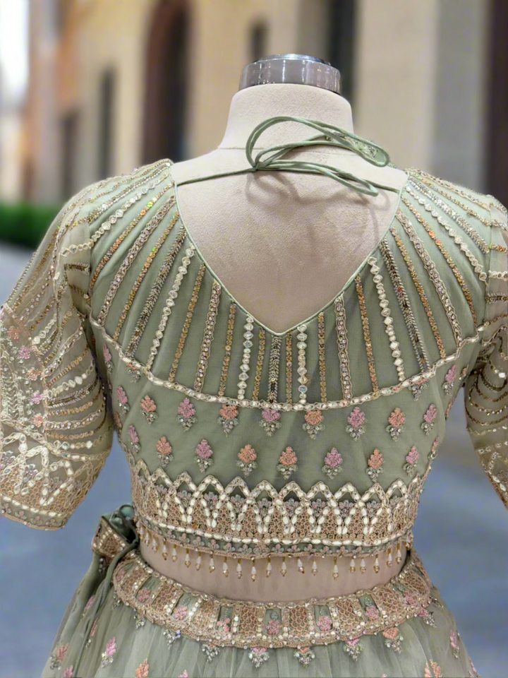 Sage Green Embroidered Net Readymade Lehenga