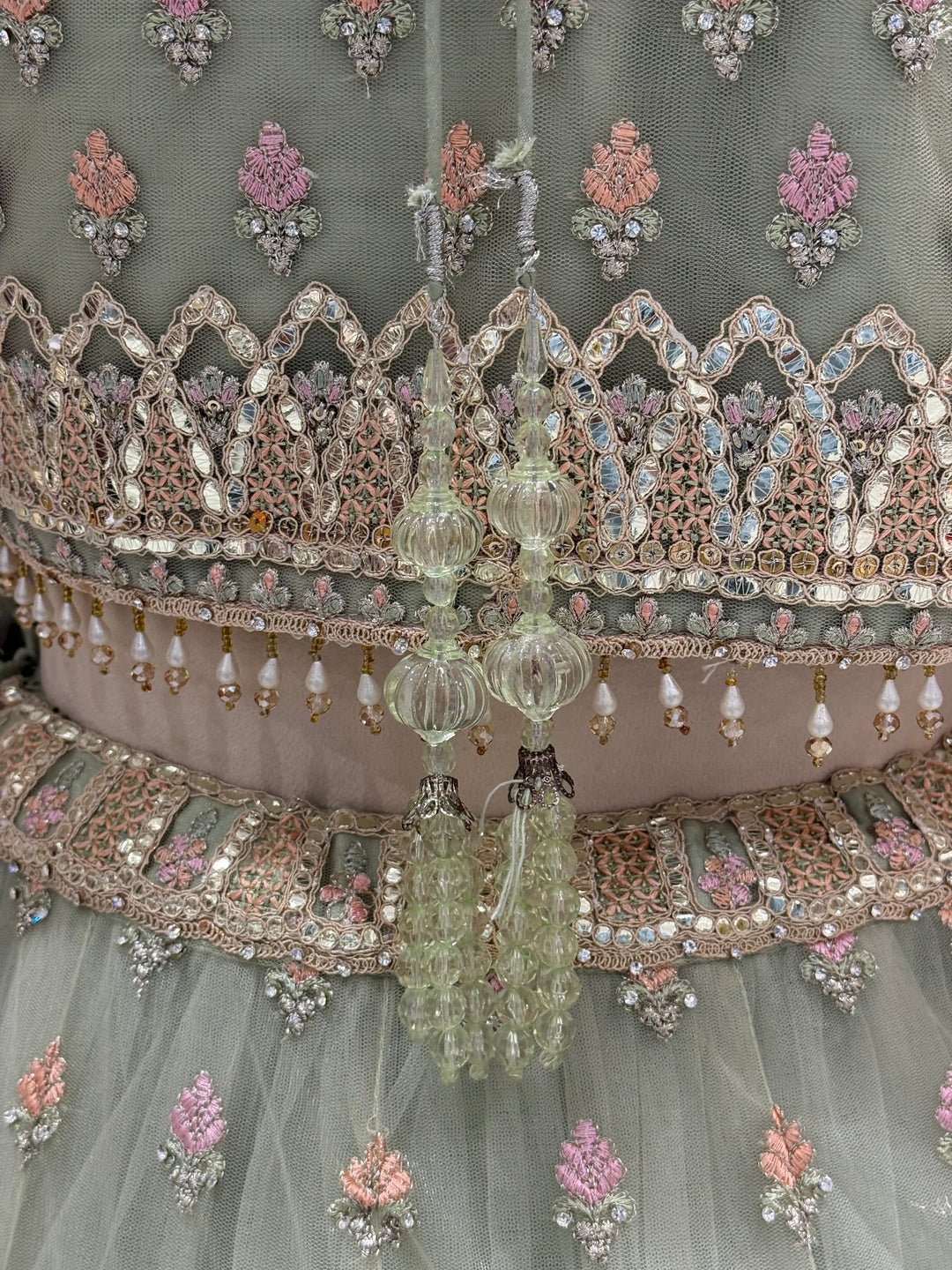 Sage Green Embroidered Net Readymade Lehenga