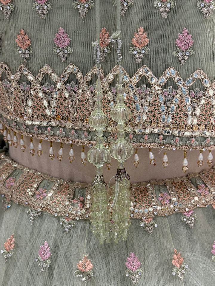 Sage Green Embroidered Net Readymade Lehenga