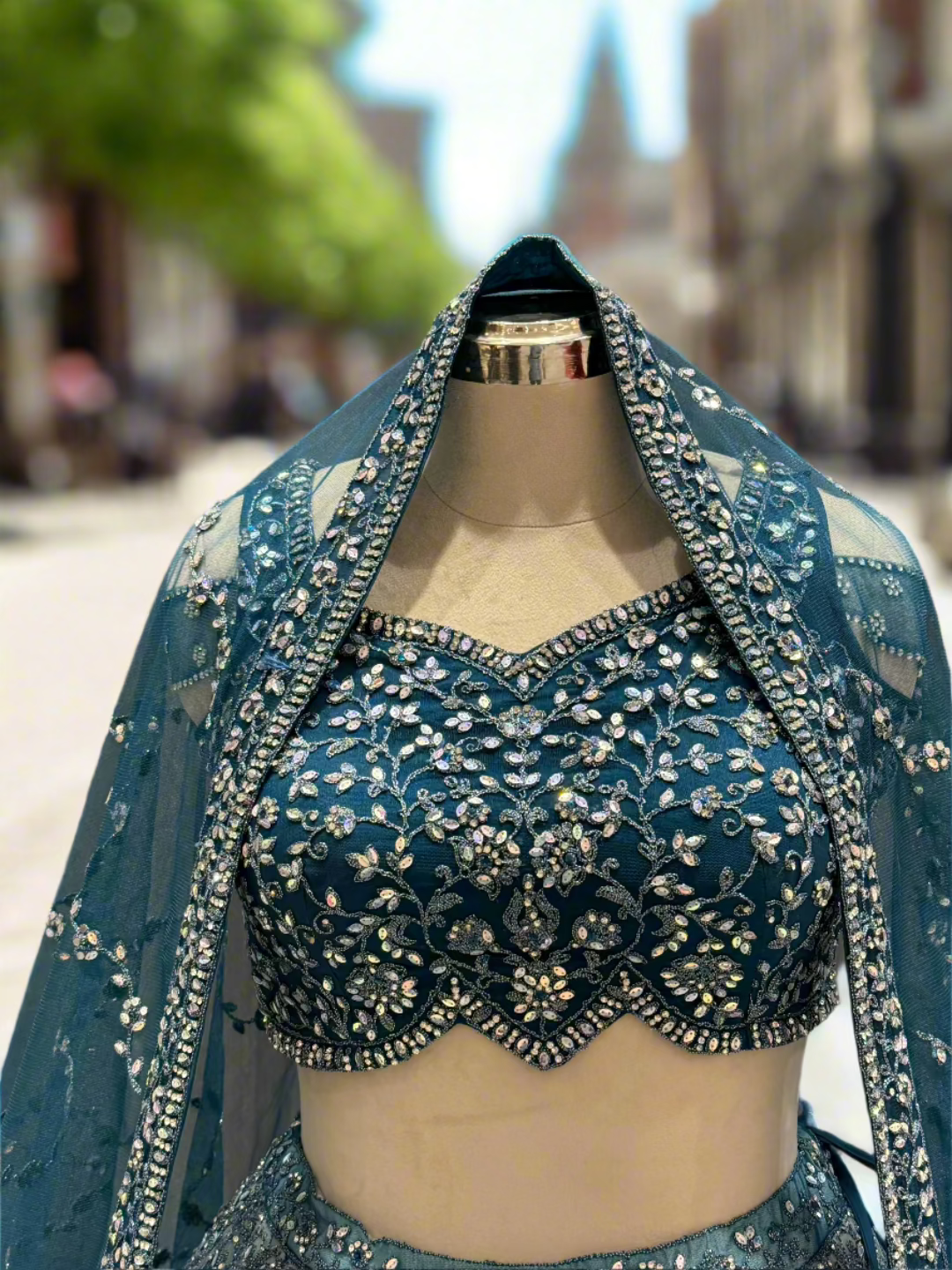 Dual Tone Blue Embellished Net Readymade Lehenga
