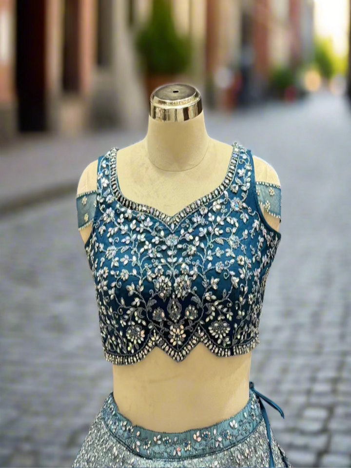 Dual Tone Blue Embellished Net Readymade Lehenga