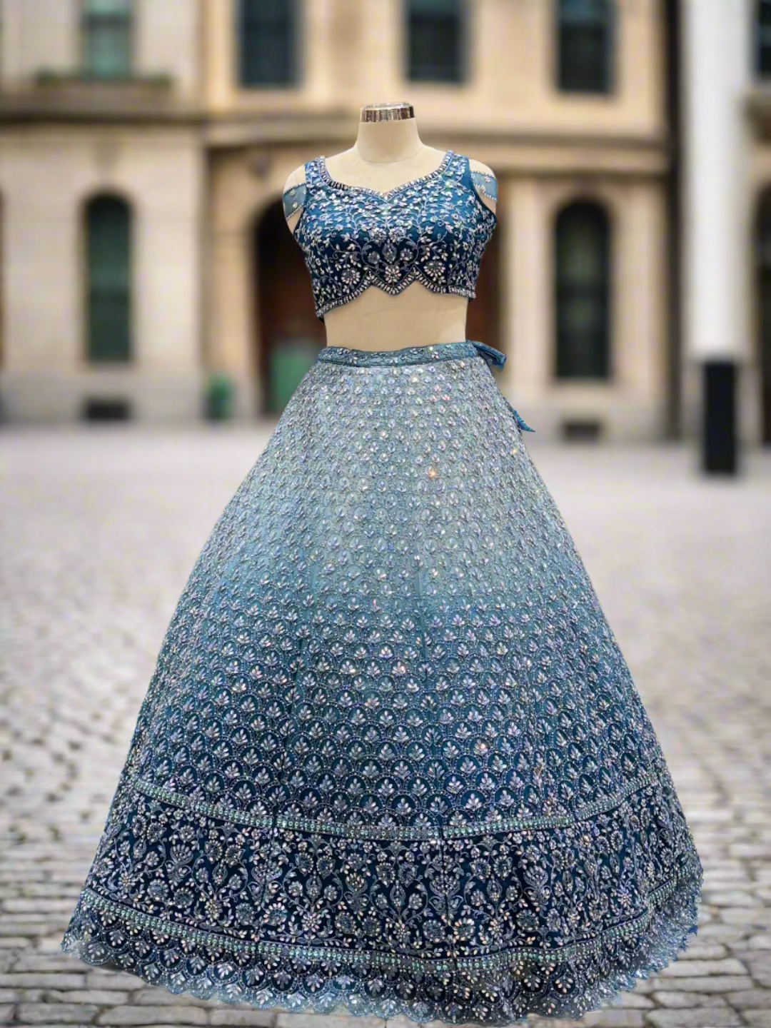 Dual Tone Blue Embellished Net Readymade Lehenga