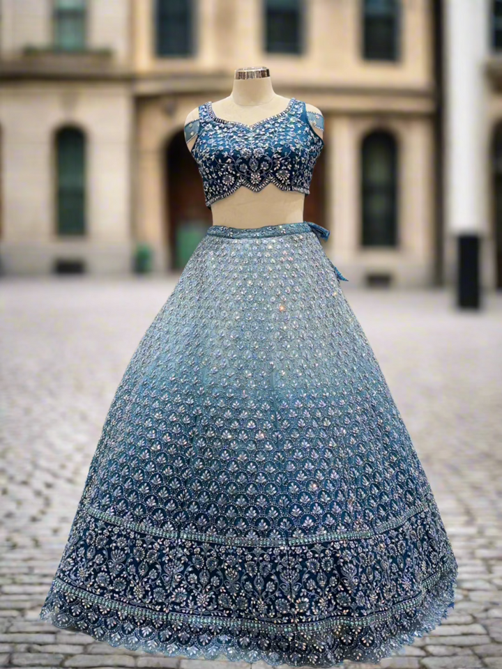 Dual Tone Blue Embellished Net Readymade Lehenga