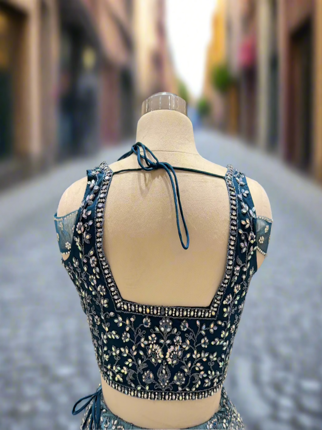 Dual Tone Blue Embellished Net Readymade Lehenga