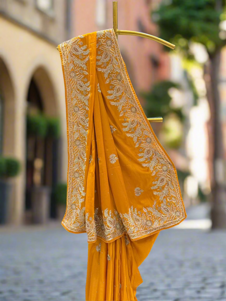 Mustard Yellow Satin Silk Saree