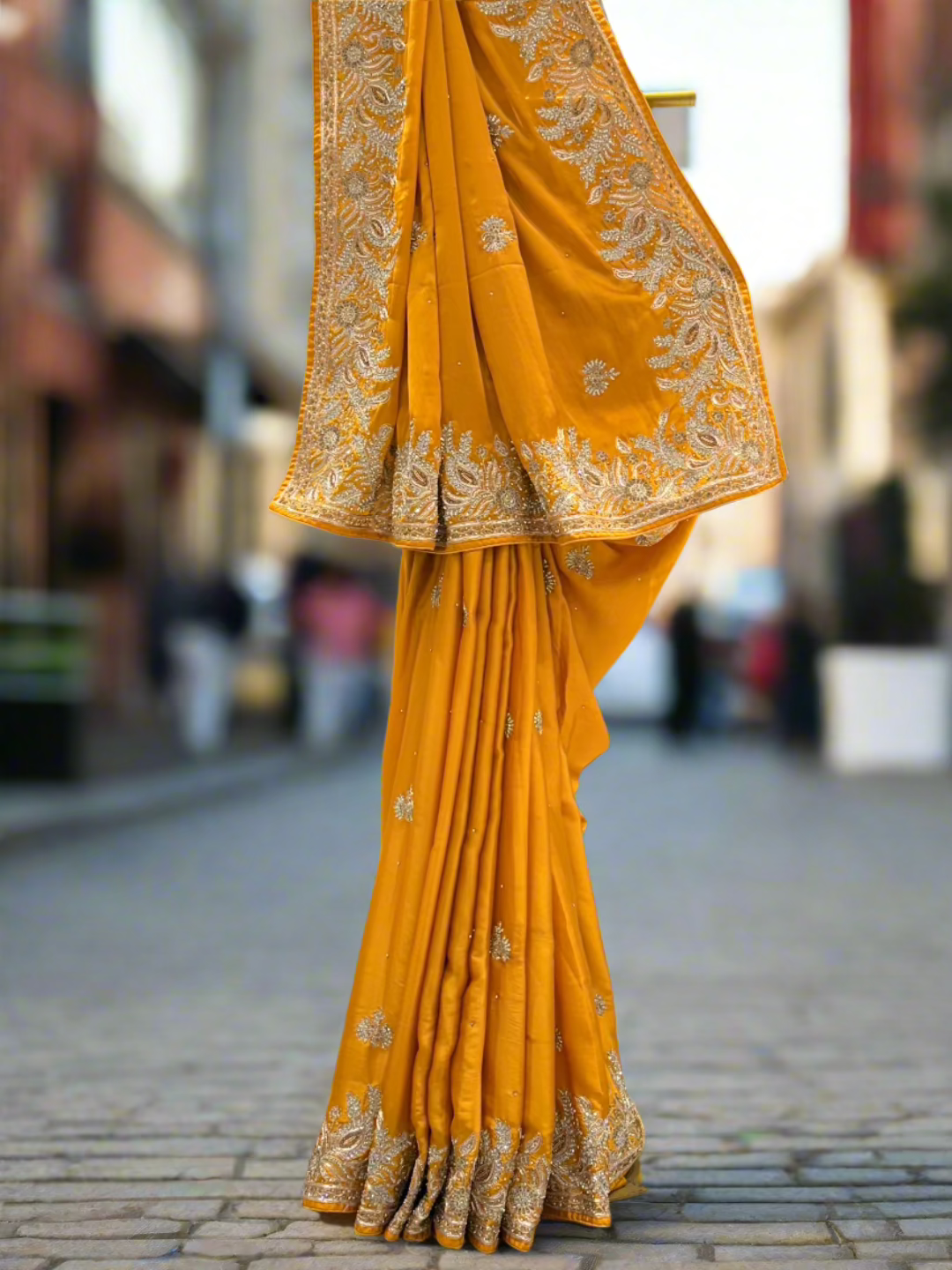 Mustard Yellow Satin Silk Saree