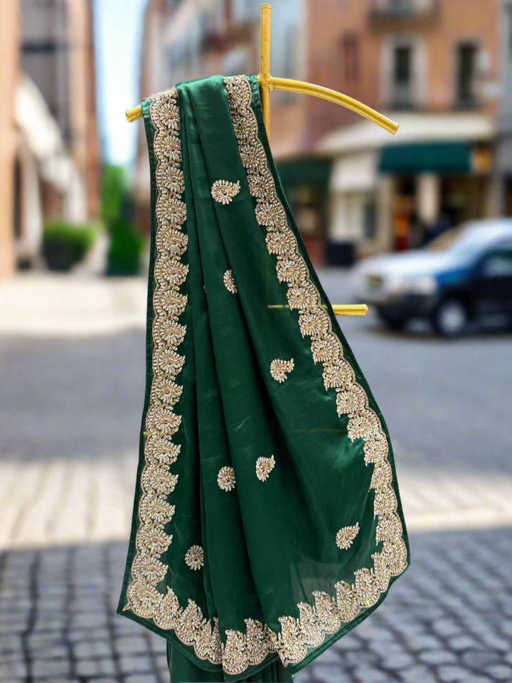 Bottle Green Crepe Embroidered Saree