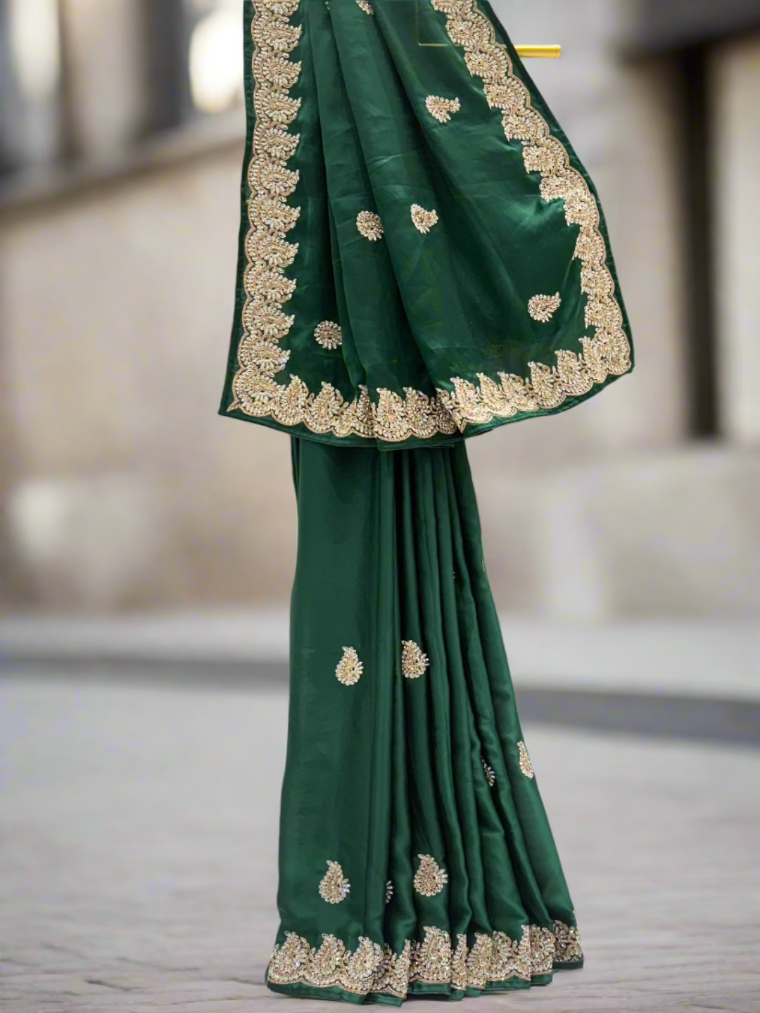 Bottle Green Crepe Embroidered Saree