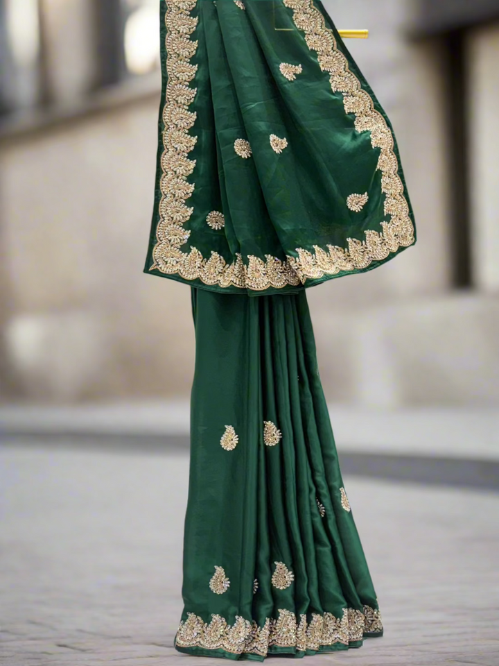 Bottle Green Crepe Embroidered Saree