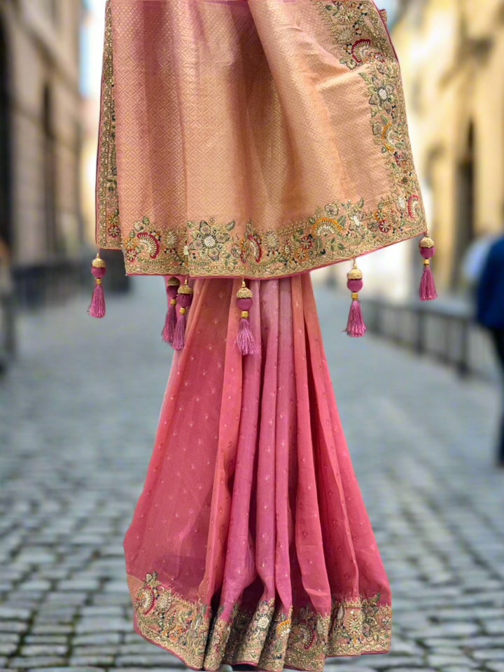 Pink and Gold Silk Saree