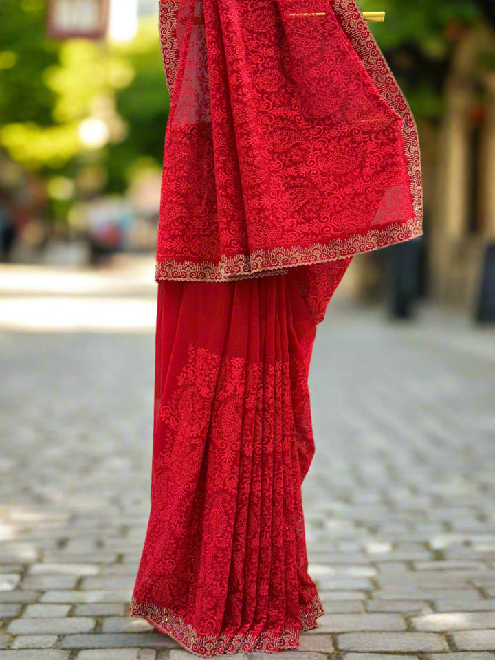 Red Embroidered Georgette Saree