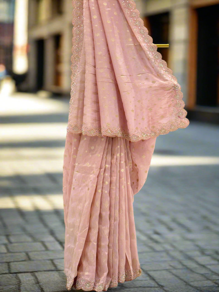 Soft Pink Embroidered Crepe Saree