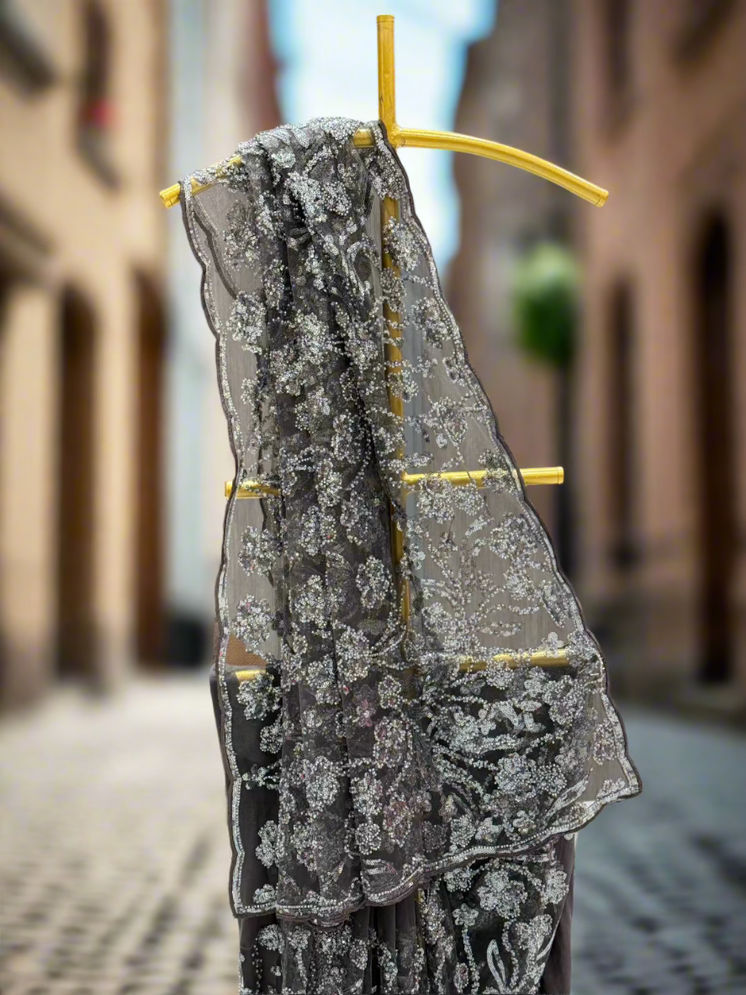 Elegant Black Sequinned Net Saree