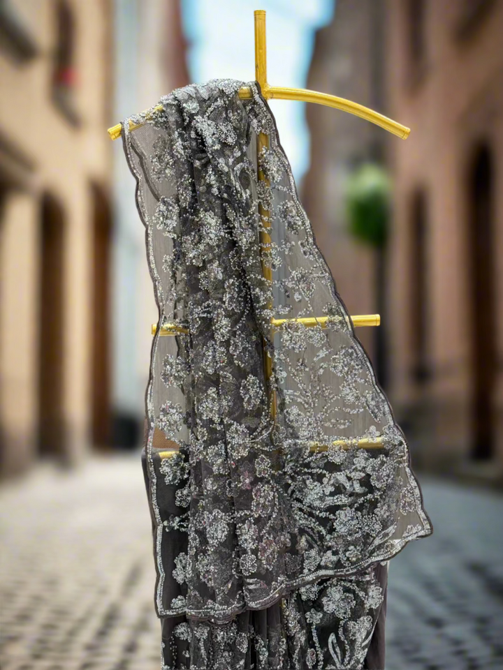 Elegant Black Sequinned Net Saree