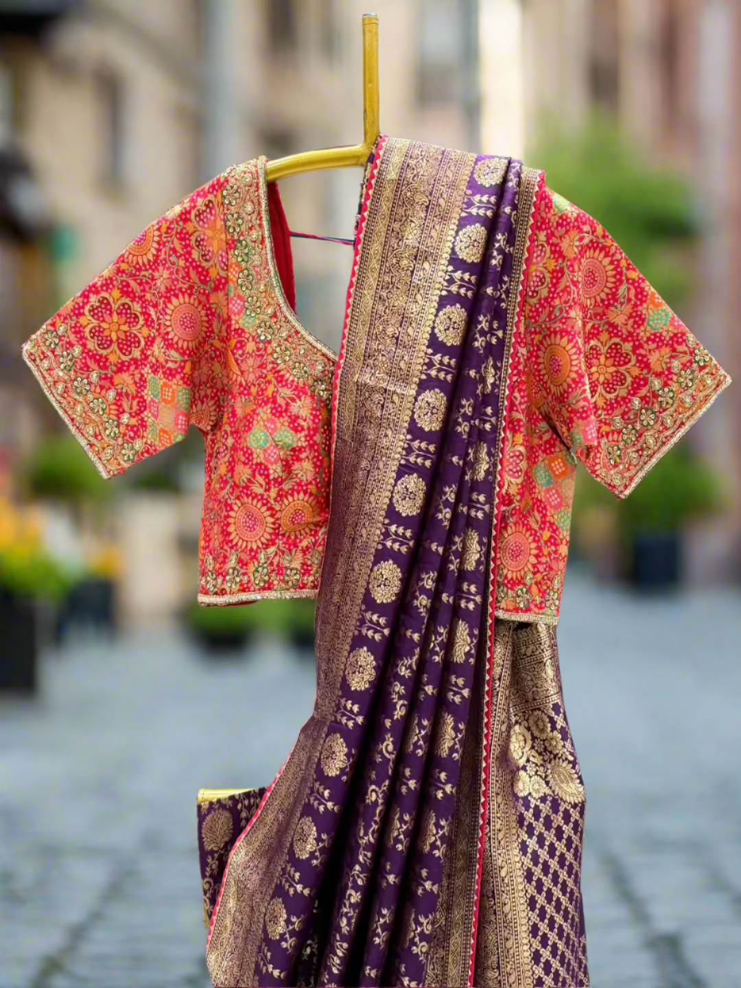 Purple and Red Banarasi Silk Saree