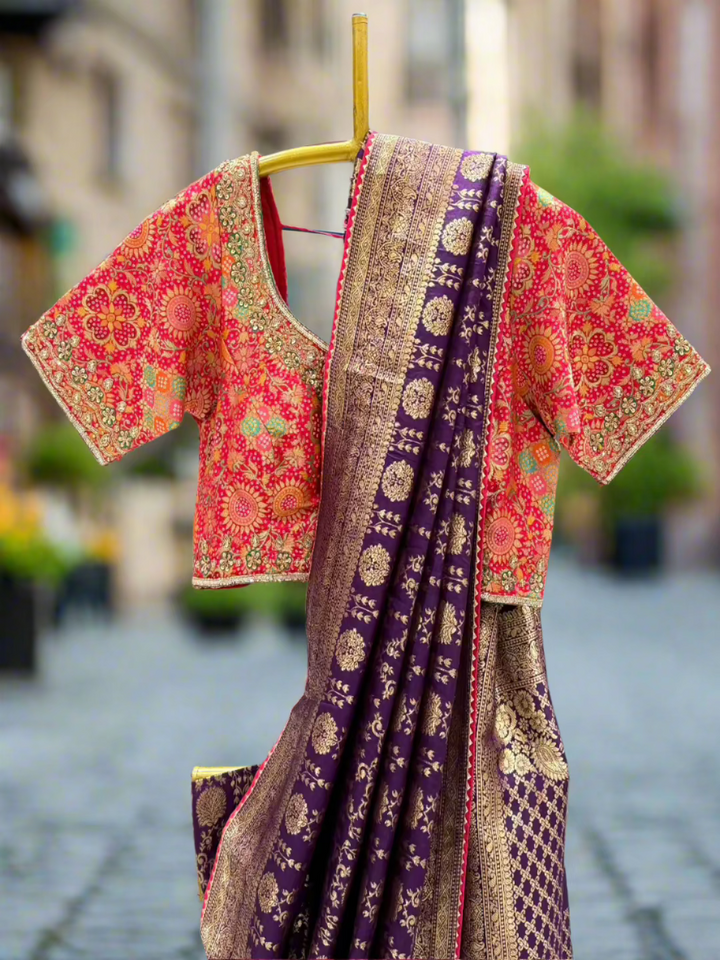 Purple and Red Banarasi Silk Saree