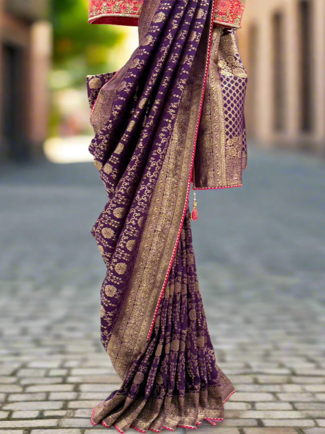 Purple and Red Banarasi Silk Saree