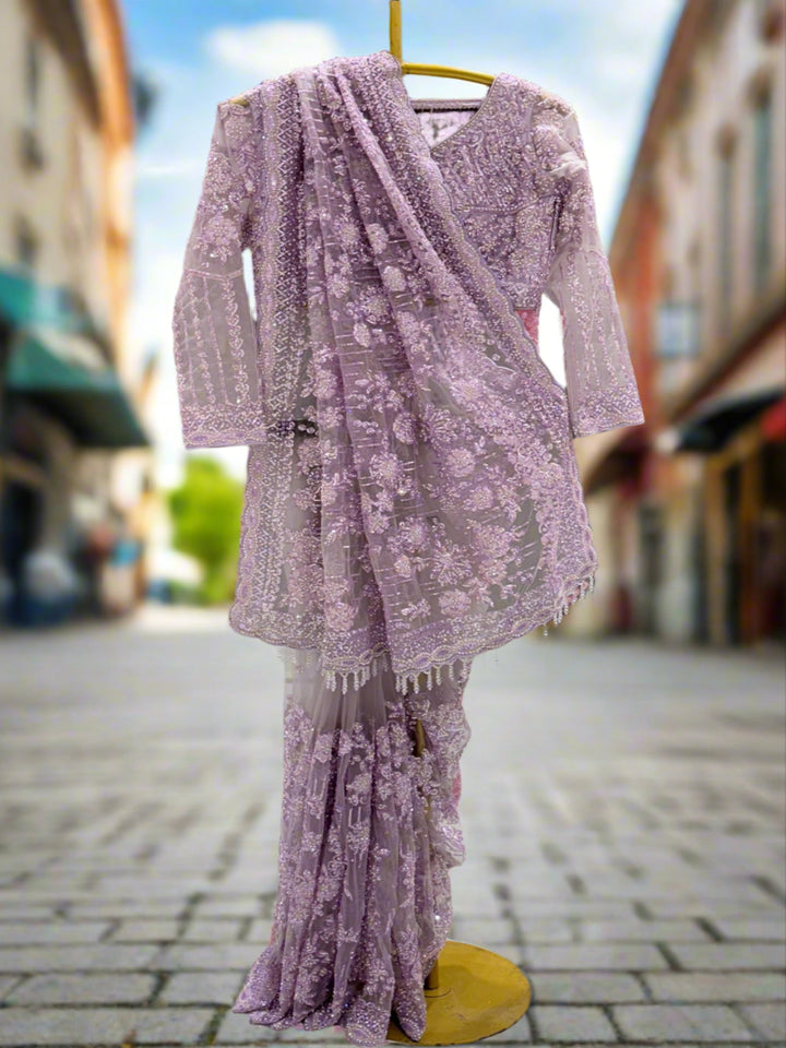 Mauve Embroidered Net Ready-to-Wear Saree