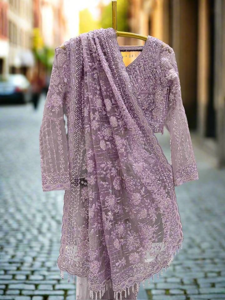 Mauve Embroidered Net Ready-to-Wear Saree