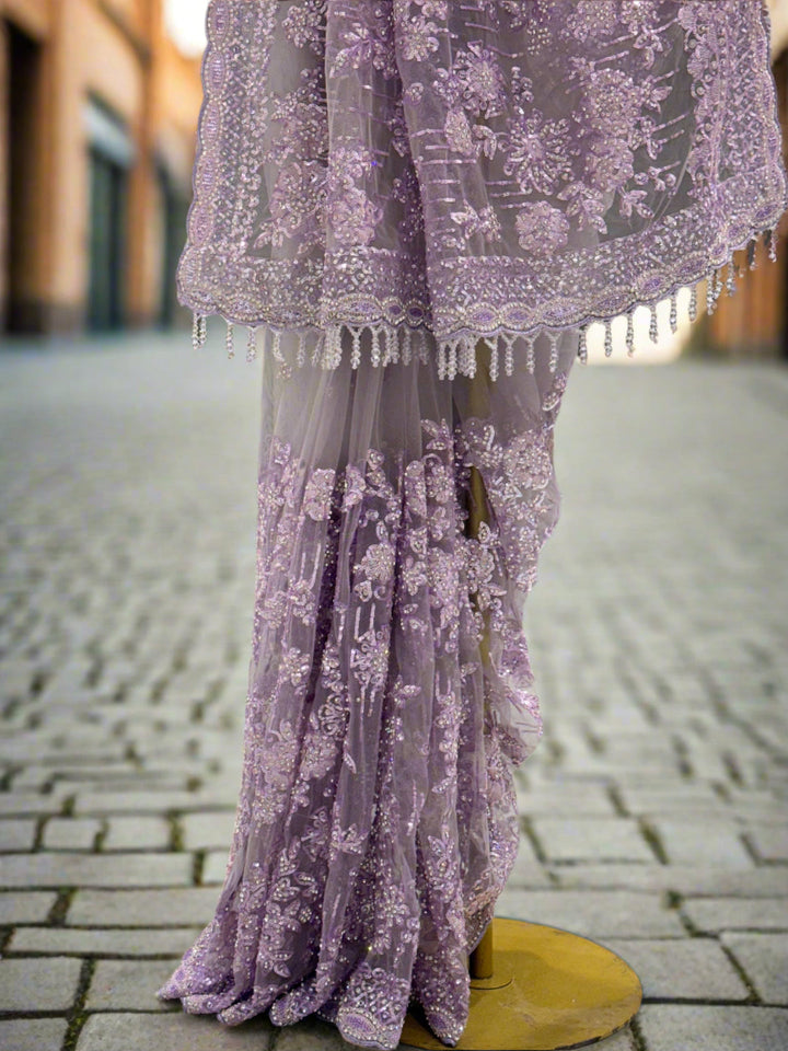 Mauve Embroidered Net Ready-to-Wear Saree