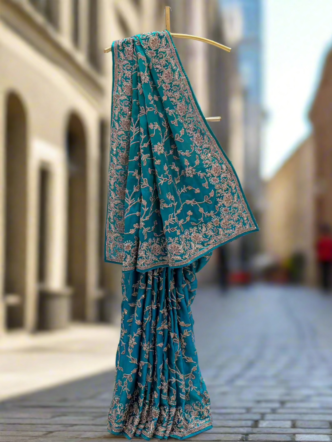 Elegant Teal Green Satin Silk Saree