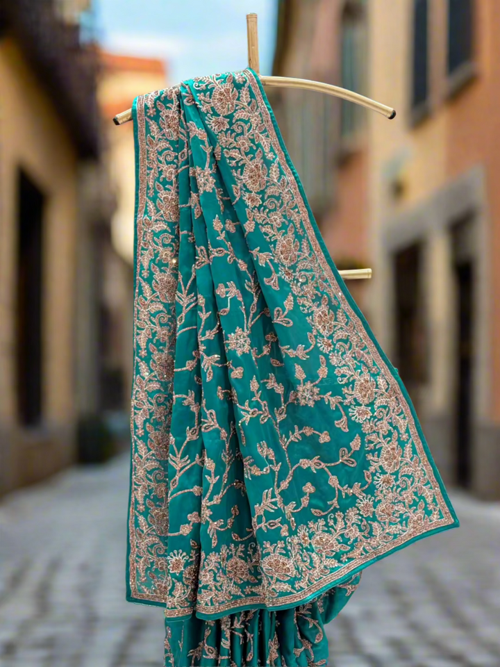 Elegant Teal Green Satin Silk Saree