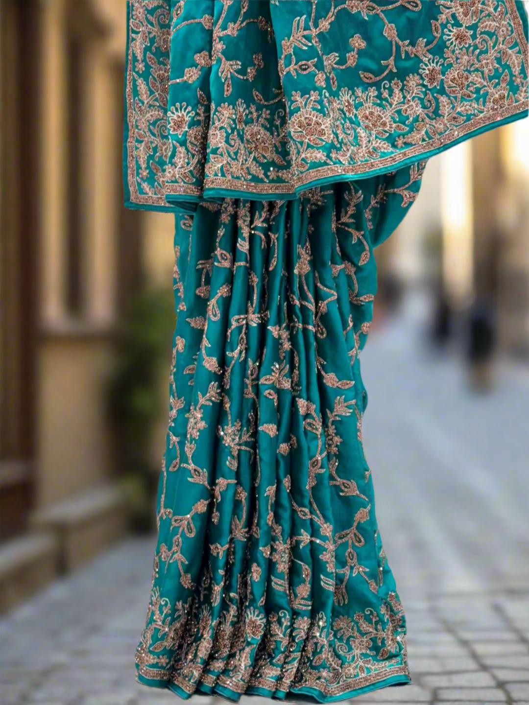 Elegant Teal Green Satin Silk Saree