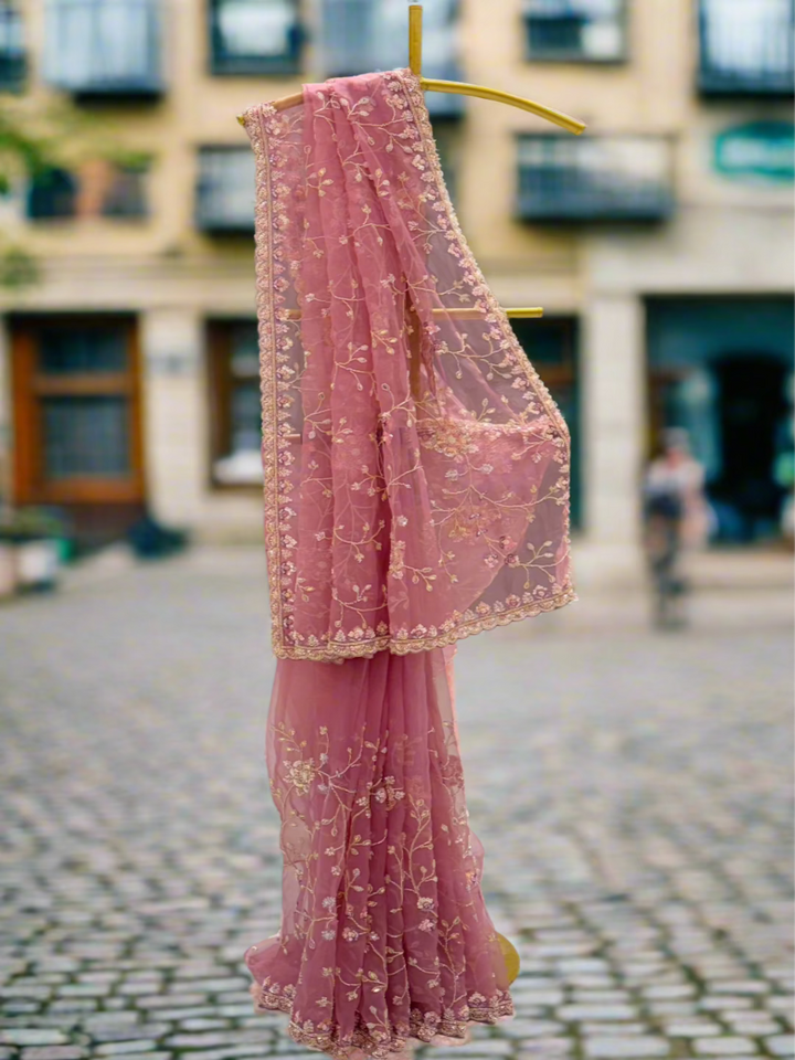 Rose Pink Floral Embroidered Organza Saree