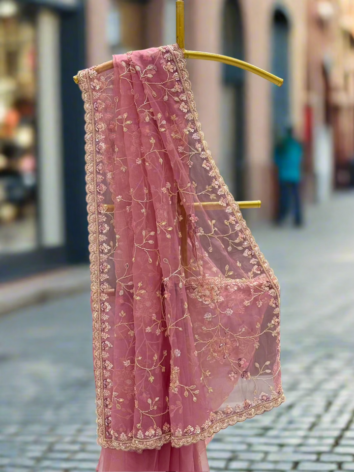 Rose Pink Floral Embroidered Organza Saree