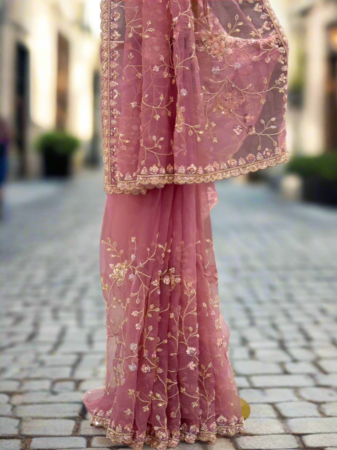 Rose Pink Floral Embroidered Organza Saree