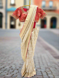 Ivory and Red Banarasi Silk Saree