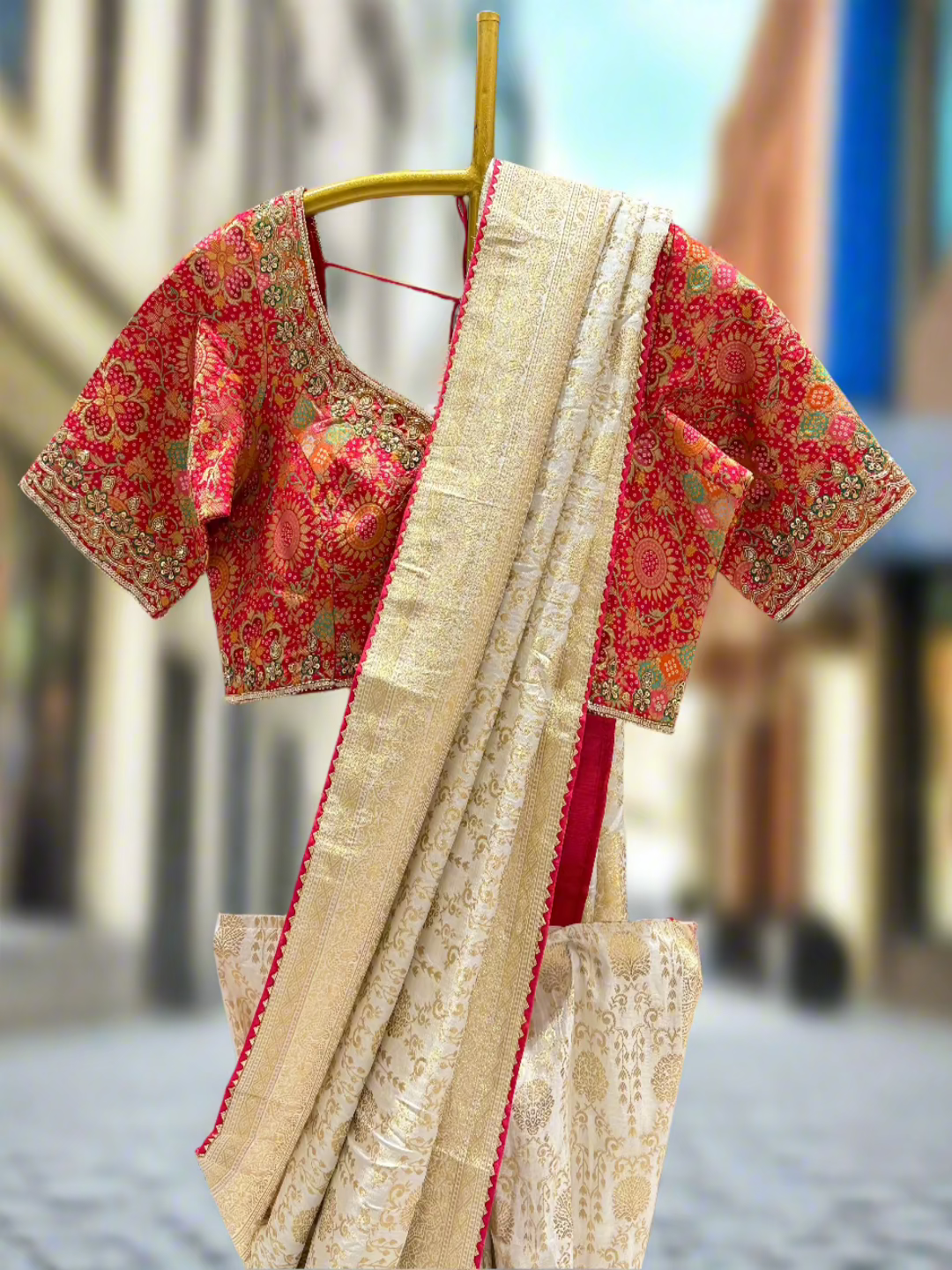 Ivory and Red Banarasi Silk Saree