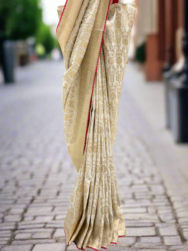 Ivory and Red Banarasi Silk Saree