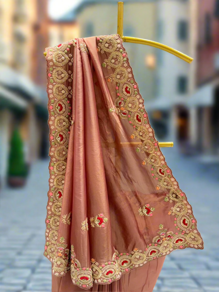 Soft Peach Embroidered Organza Saree