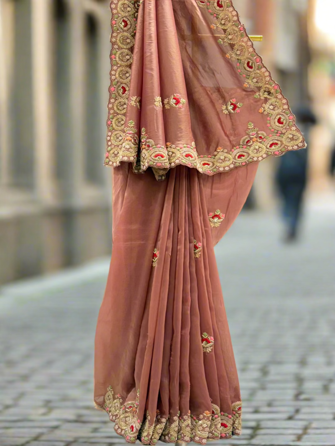 Soft Peach Embroidered Organza Saree