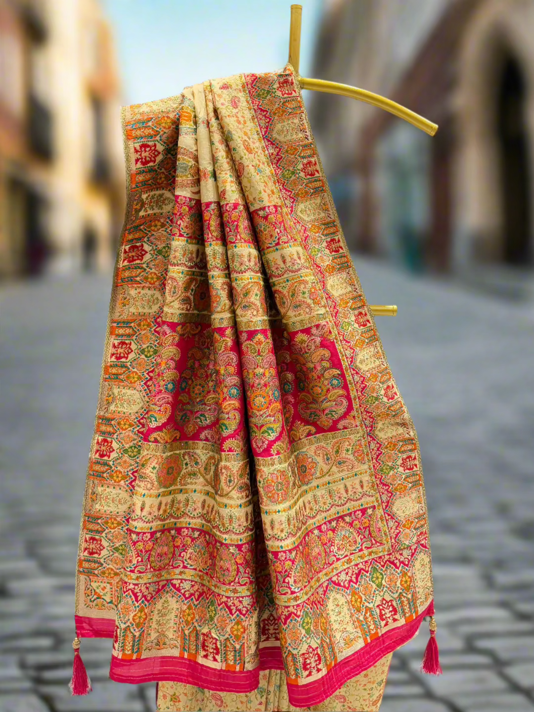 Beige Multi Color Paisley Silk Saree