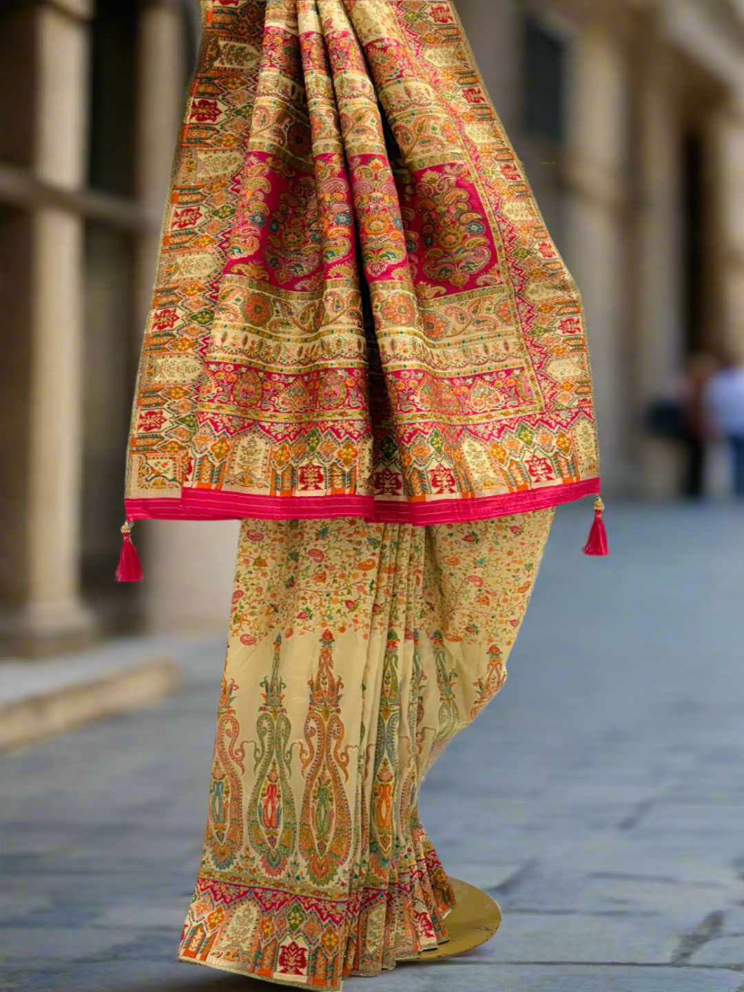Beige Multi Color Paisley Silk Saree