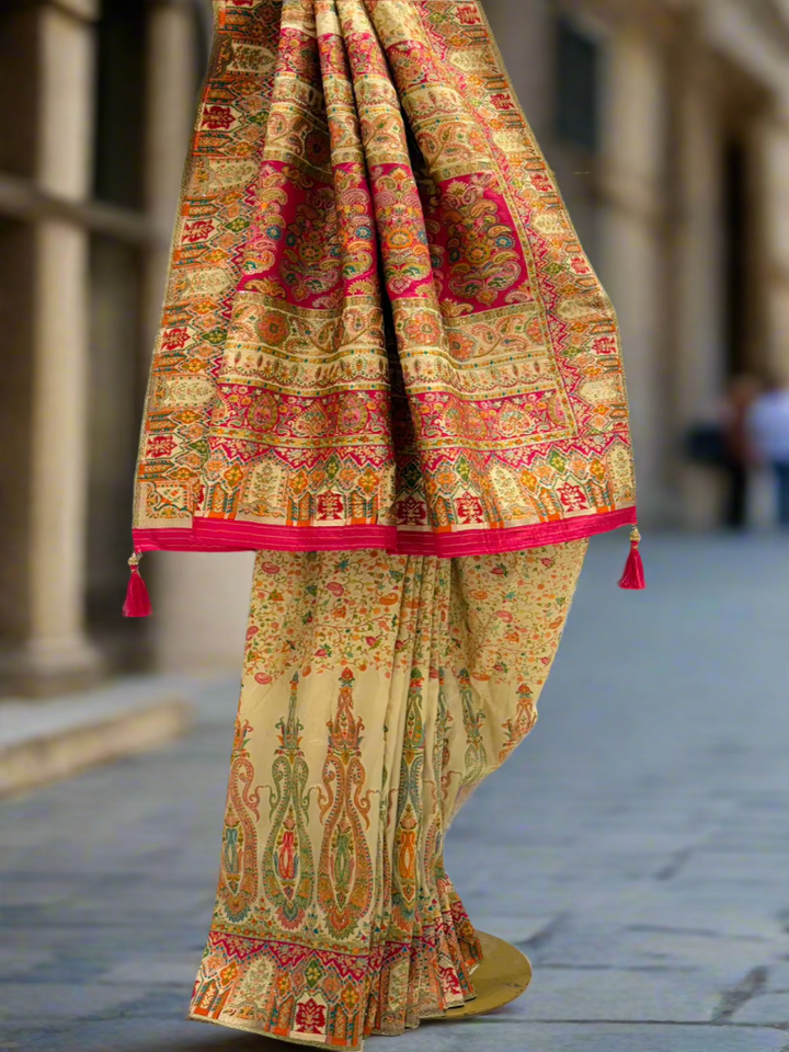 Beige Multi Color Paisley Silk Saree