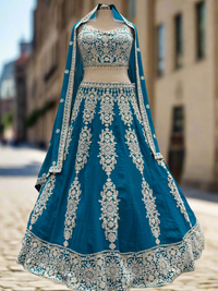 Teal Blue Embroidered Georgette Lehenga