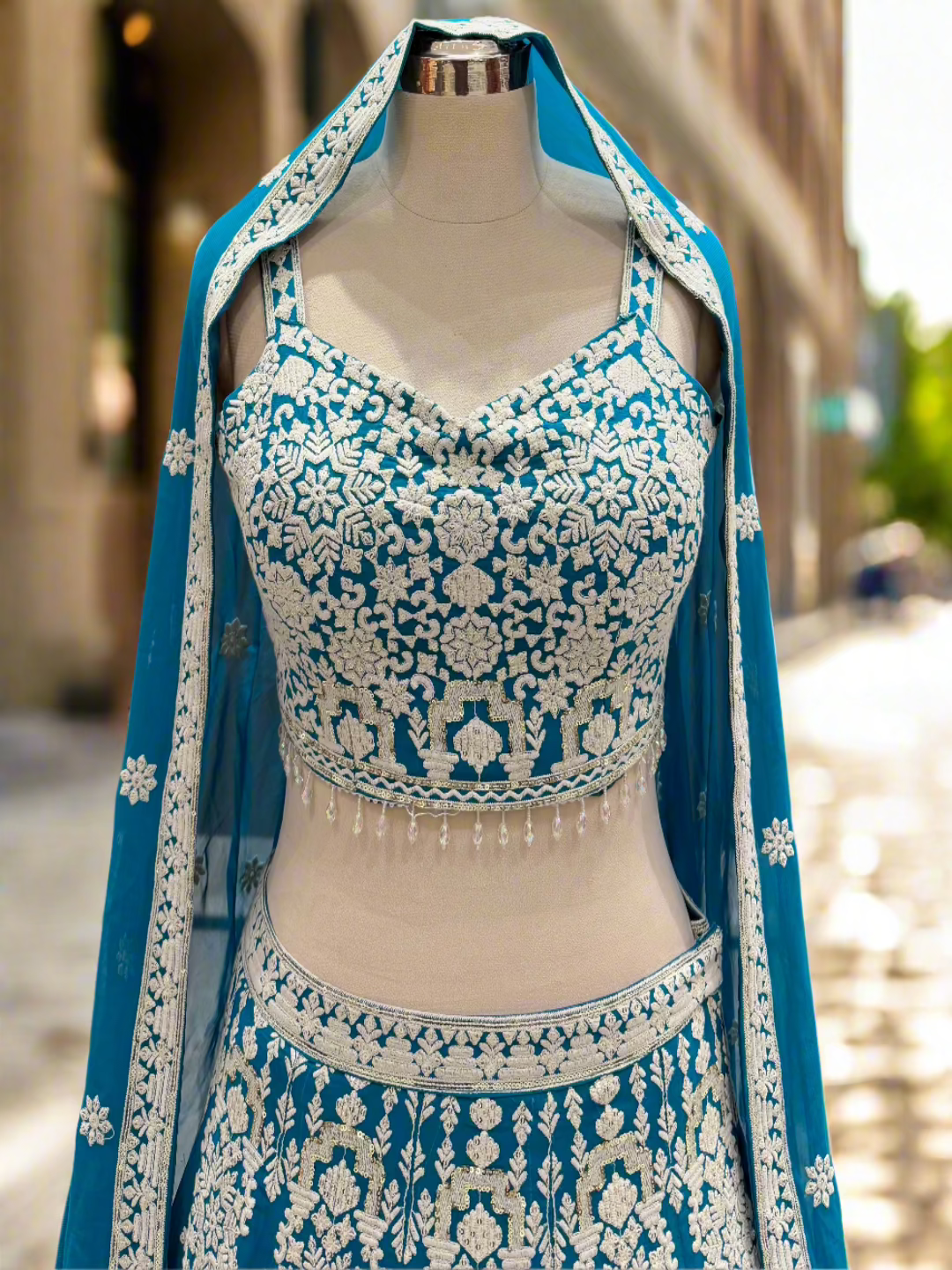 Teal Blue Embroidered Georgette Lehenga