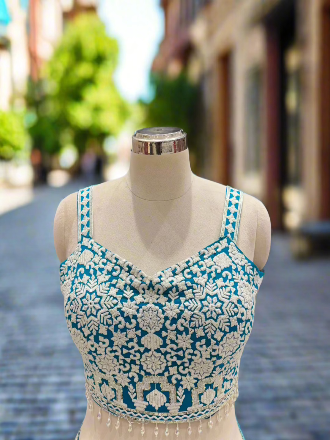 Teal Blue Embroidered Georgette Lehenga