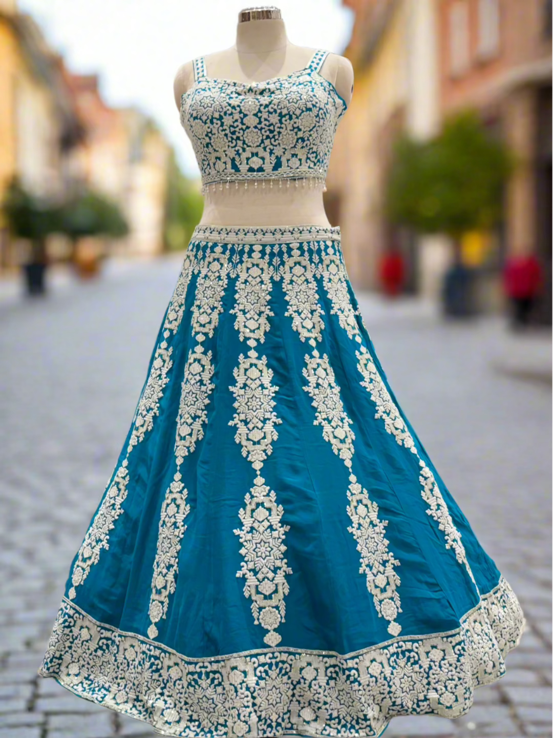 Teal Blue Embroidered Georgette Lehenga