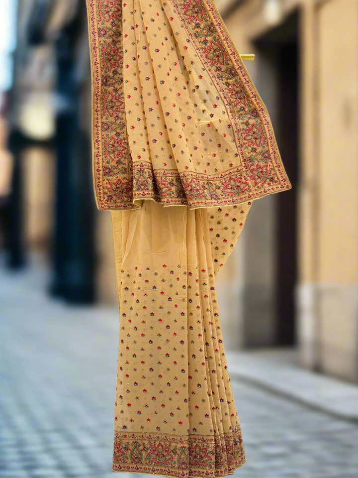 Beige Multicolor Embroidered Georgette Saree