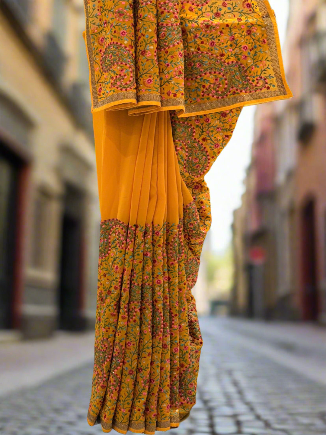 Mustard Paisley Georgette Saree