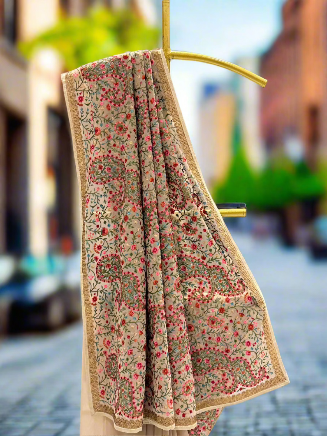Beige Paisley Georgette Saree