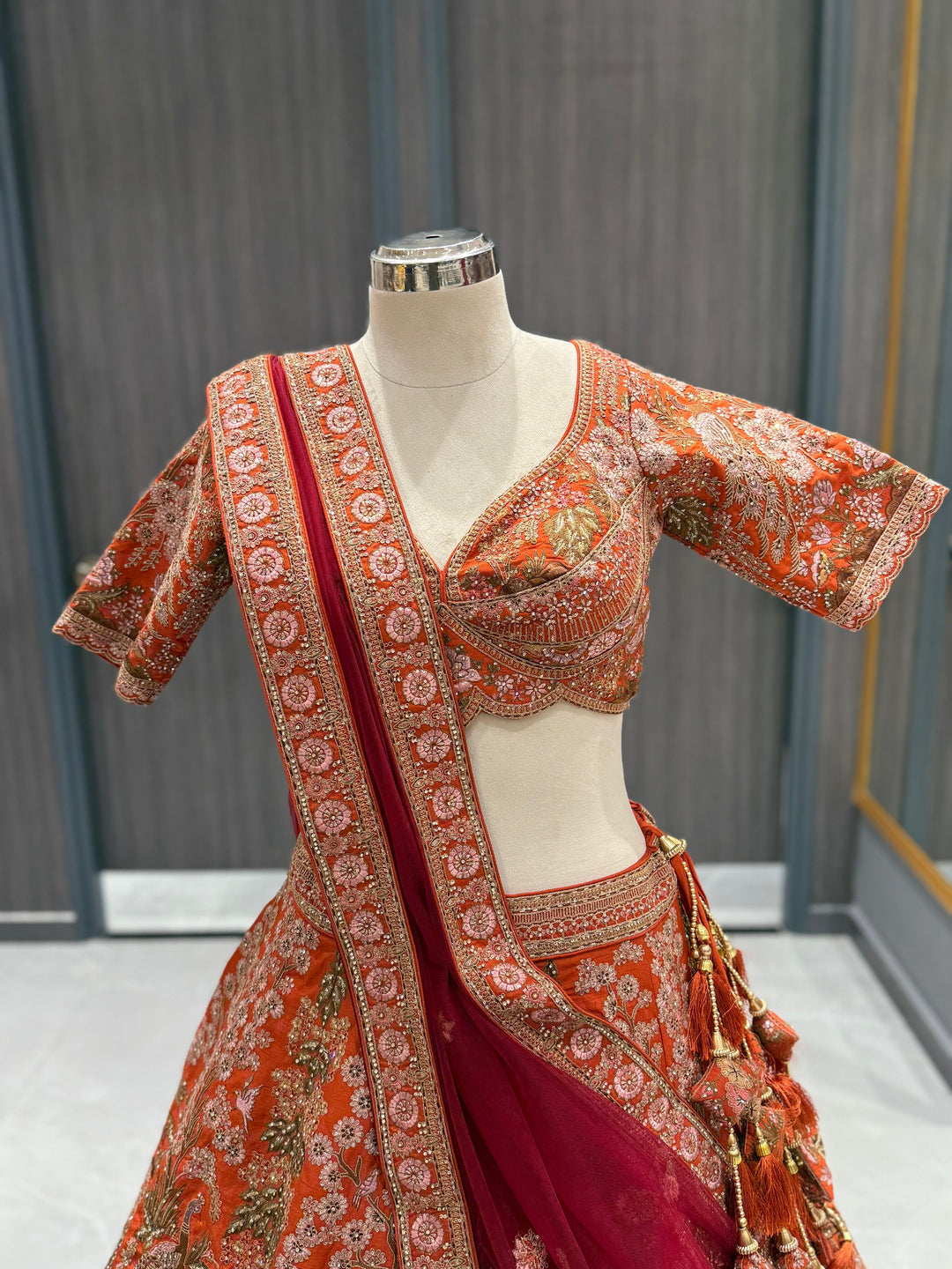 Vibrant Orange Silk Lehenga
